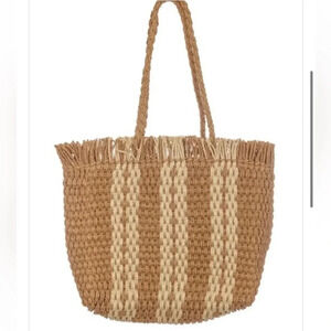 100% Paper Fringe Tan & White‎ Zippered Handbag Tote. OS.
